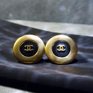 Vintage Chanel Black CC Button Earrings